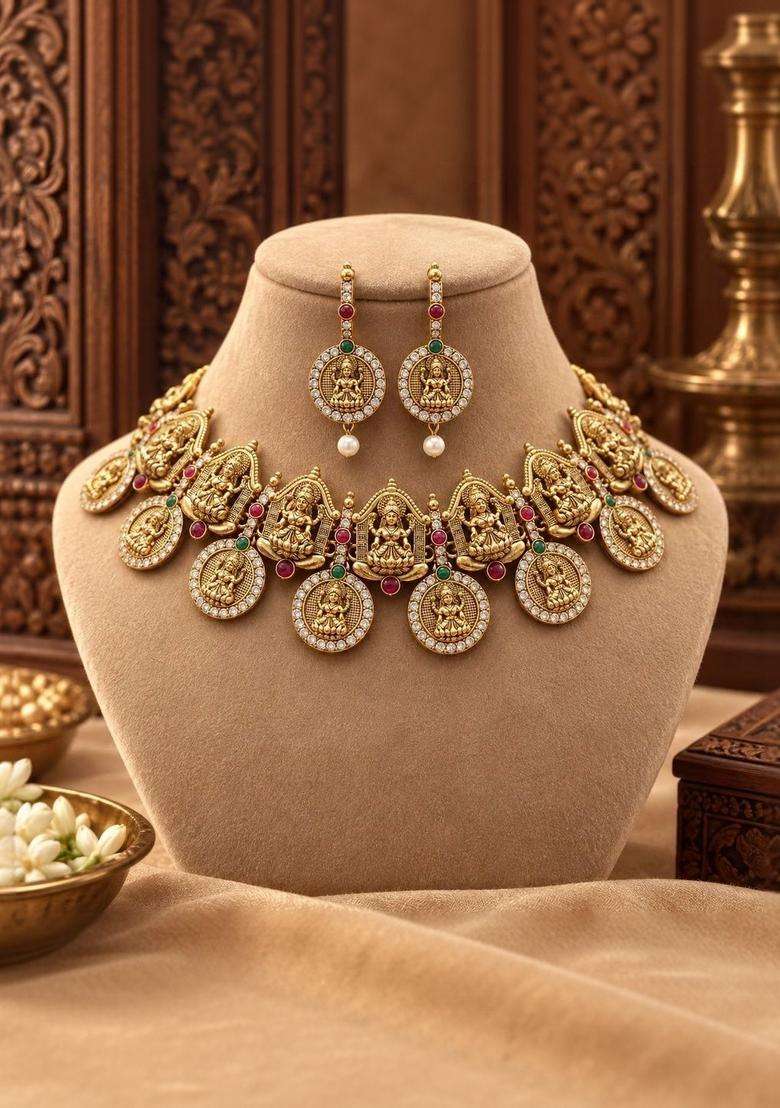 Gold-Plated Temple Stone Studded & Beaded Necklace and Earrings for Women | Traditional Temple Jewellery for Wedding & Festive Wear | Gift for Her - Indya