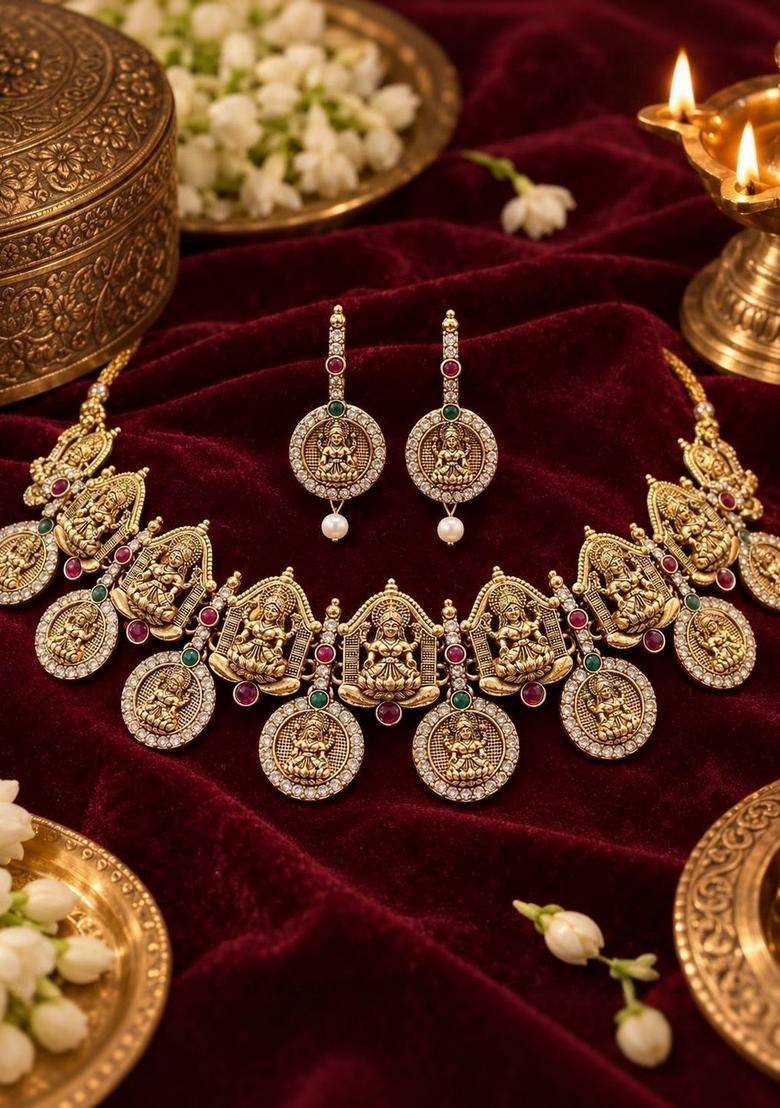 Gold-Plated Temple Stone Studded & Beaded Necklace and Earrings for Women | Traditional Temple Jewellery for Wedding & Festive Wear | Gift for Her - Indya