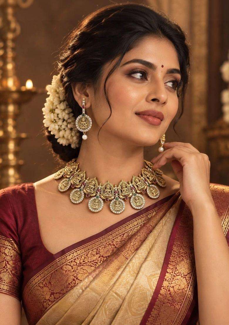 Gold-Plated Temple Stone Studded & Beaded Necklace and Earrings for Women | Traditional Temple Jewellery for Wedding & Festive Wear | Gift for Her - Indya