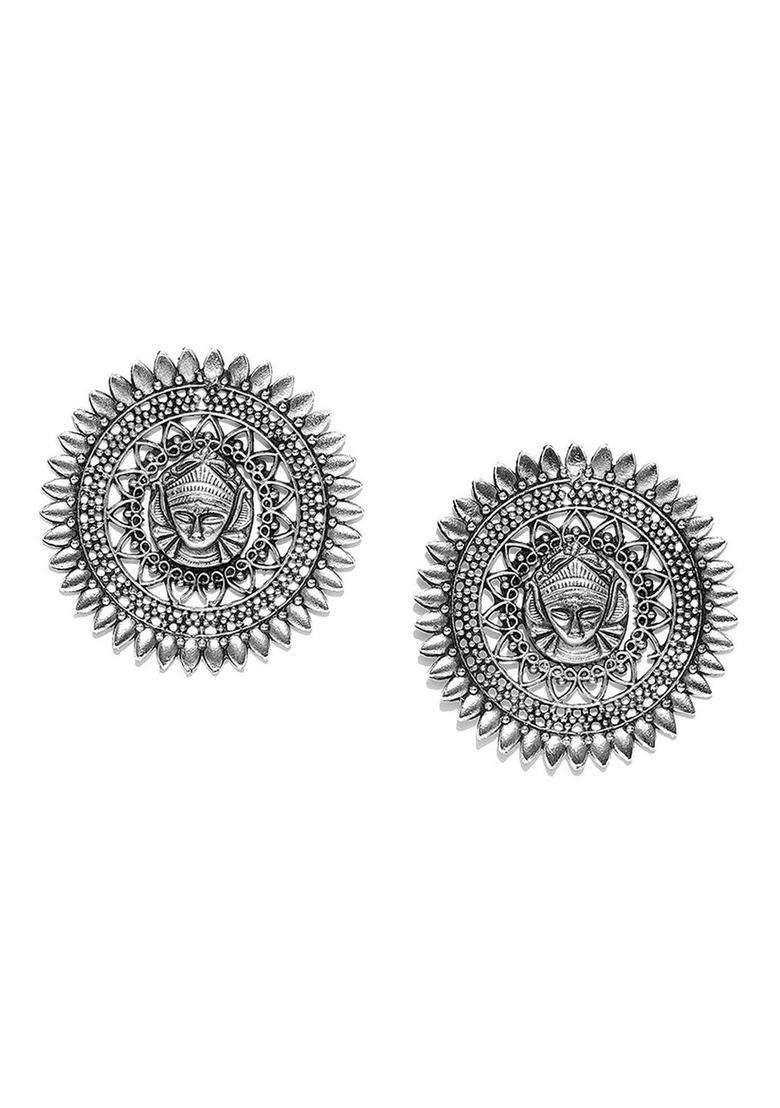 Silver-Plated Oxidised Textured Temple Oversized Stud Earrings for Women | Stylish Party & Everyday Wear | Gift for Her - Indya