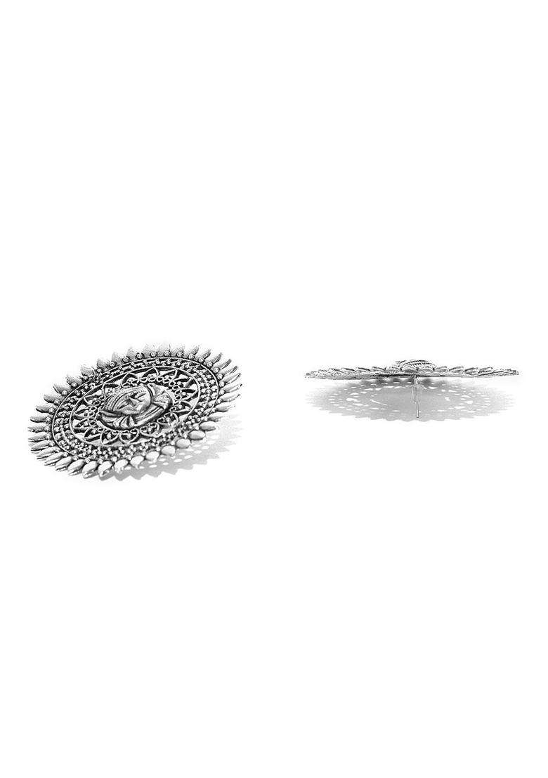 Silver-Plated Oxidised Textured Temple Oversized Stud Earrings for Women | Stylish Party & Everyday Wear | Gift for Her - Indya