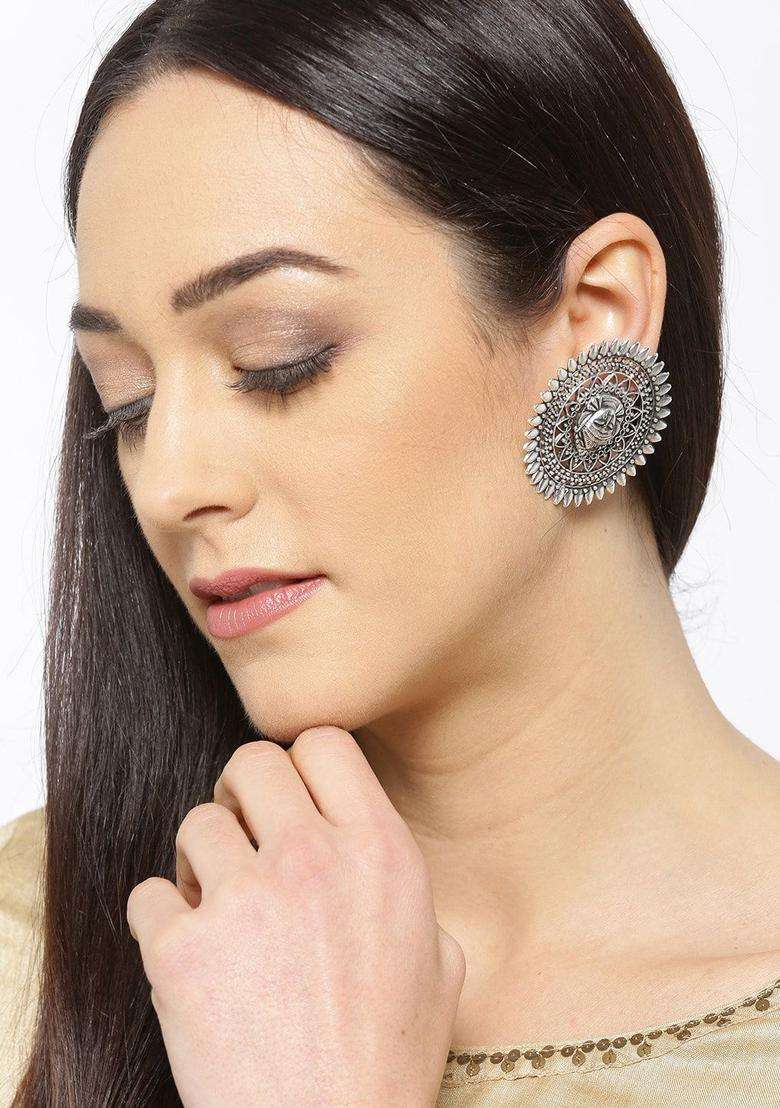 Silver-Plated Oxidised Textured Temple Oversized Stud Earrings for Women | Stylish Party & Everyday Wear | Gift for Her - Indya