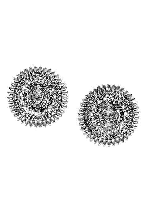 Silver-Plated Oxidised Textured Temple Oversized Stud Earrings for Women | Stylish Party & Everyday Wear | Gift for Her
