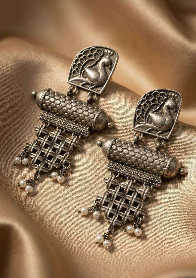Silver-Plated Oxidised Drop Earrings for Women | Traditional Temple Jewellery for Wedding & Festive Wear | Gift for Her - Indya