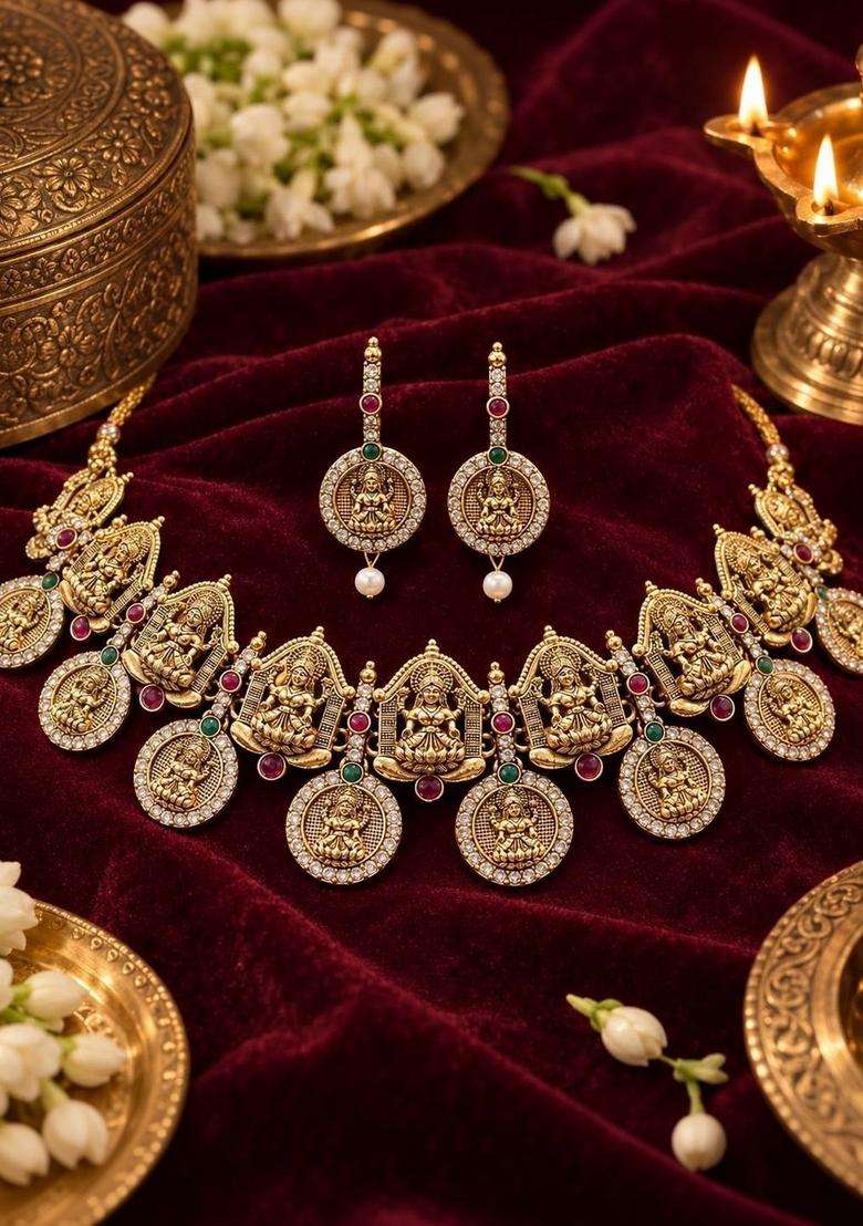 Gold-Plated Temple Stone Studded & Beaded Necklace and Earrings for Women | Traditional Temple Jewellery for Wedding & Festive Wear | Gift for Her - Indya