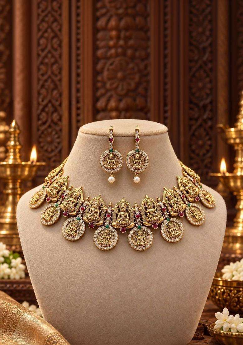 Gold-Plated Temple Stone Studded & Beaded Necklace and Earrings for Women | Traditional Temple Jewellery for Wedding & Festive Wear | Gift for Her - Indya