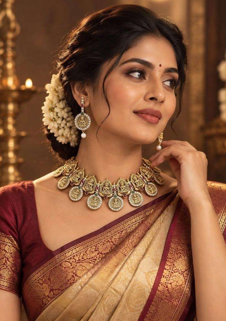 Gold-Plated Temple Stone Studded & Beaded Necklace and Earrings for Women | Traditional Temple Jewellery for Wedding & Festive Wear | Gift for Her - Indya