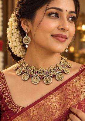 Gold-Plated Temple Stone Studded & Beaded Necklace and Earrings for Women | Traditional Temple Jewellery for Wedding & Festive Wear | Gift for Her