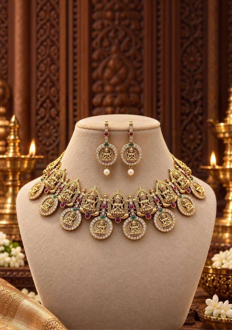Gold-Plated Temple Stone Studded & Beaded Necklace and Earrings for Women | Traditional Temple Jewellery for Wedding & Festive Wear | Gift for Her - Indya