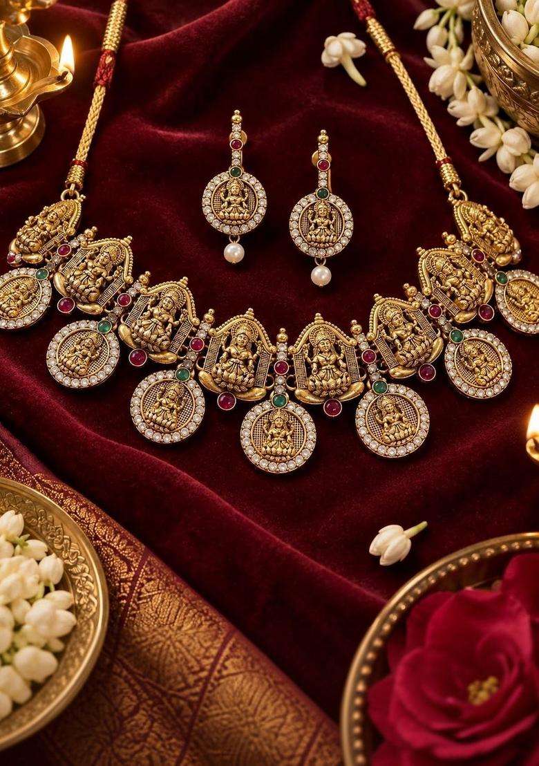 Gold-Plated Temple Stone Studded & Beaded Necklace and Earrings for Women | Traditional Temple Jewellery for Wedding & Festive Wear | Gift for Her - Indya