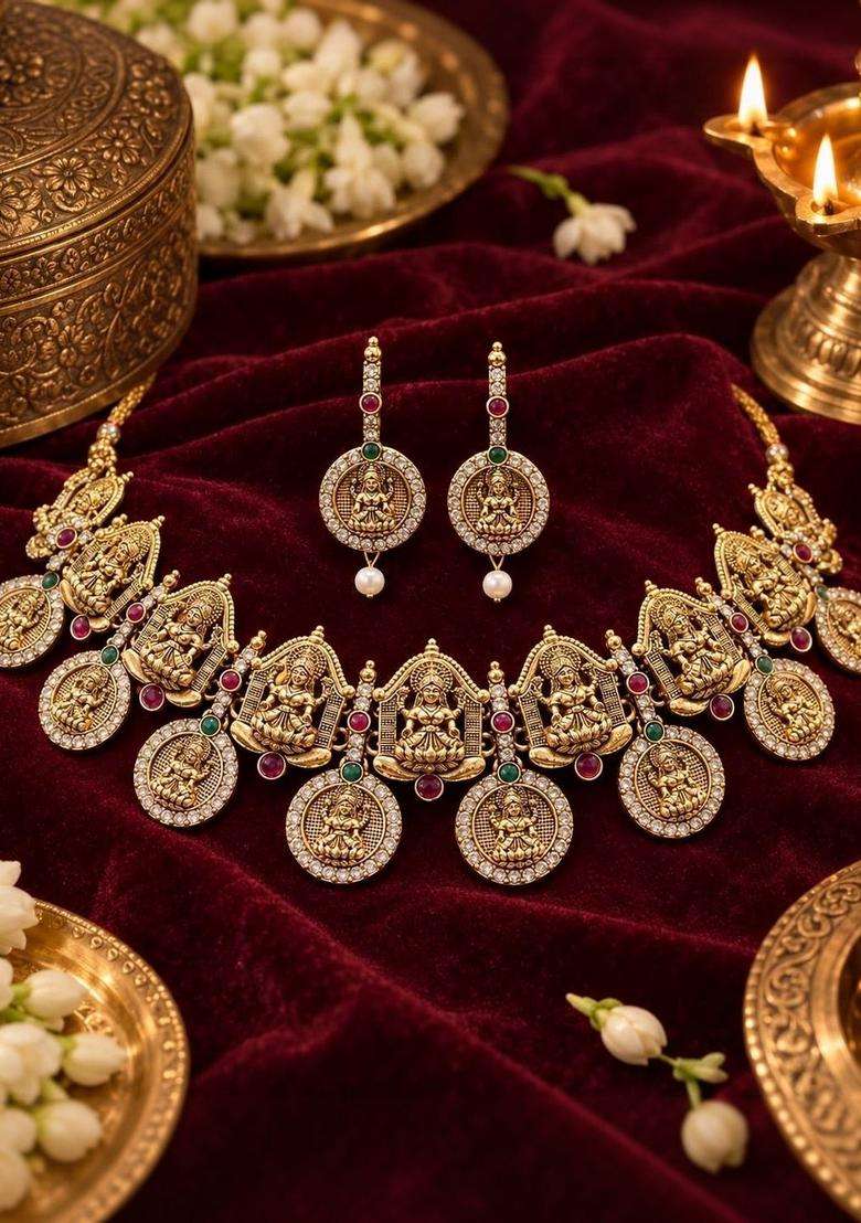 Gold-Plated Temple Stone Studded & Beaded Necklace and Earrings for Women | Traditional Temple Jewellery for Wedding & Festive Wear | Gift for Her - Indya