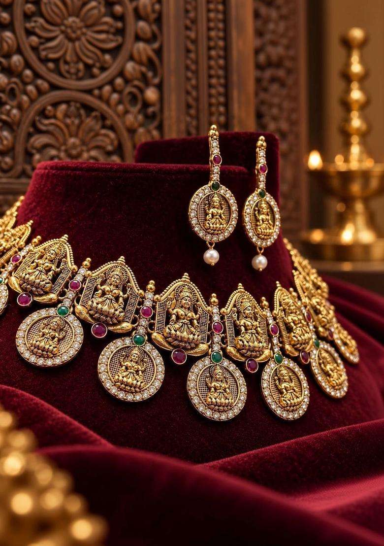 Gold-Plated Temple Stone Studded & Beaded Necklace and Earrings for Women | Traditional Temple Jewellery for Wedding & Festive Wear | Gift for Her - Indya