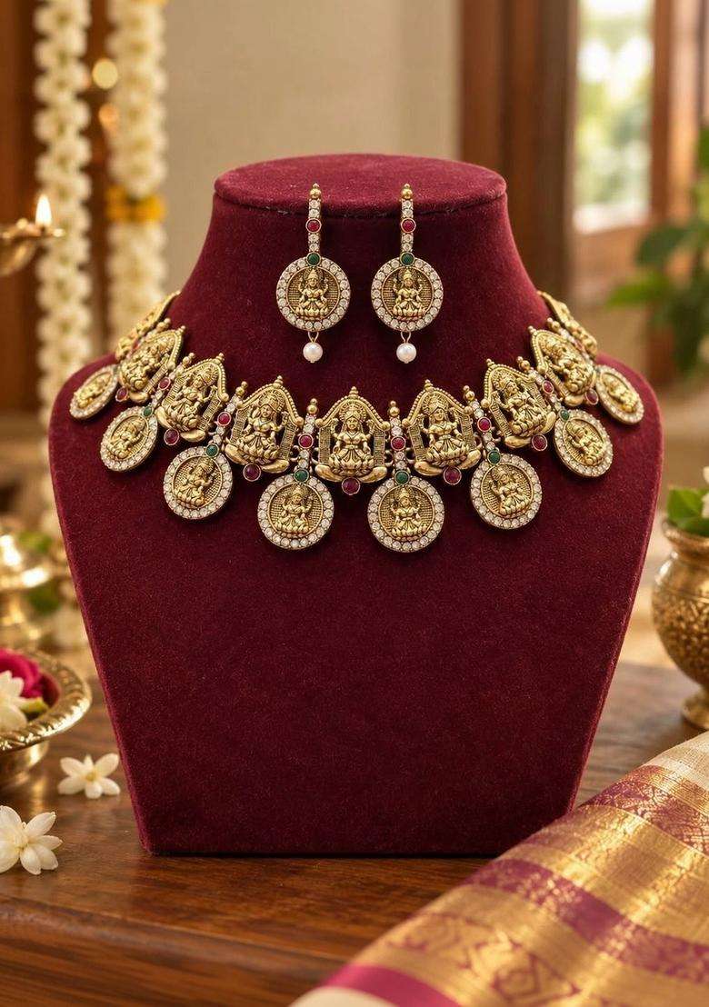 Gold-Plated Temple Stone Studded & Beaded Necklace and Earrings for Women | Traditional Temple Jewellery for Wedding & Festive Wear | Gift for Her - Indya
