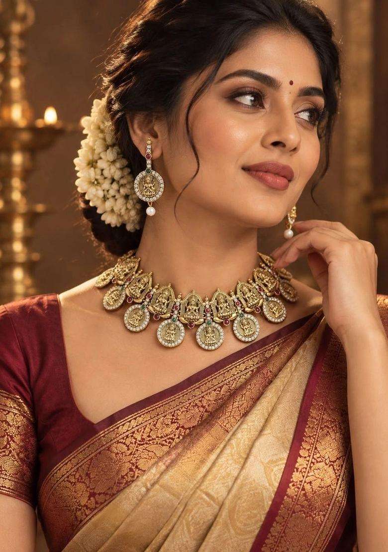 Gold-Plated Temple Stone Studded & Beaded Necklace and Earrings for Women | Traditional Temple Jewellery for Wedding & Festive Wear | Gift for Her - Indya