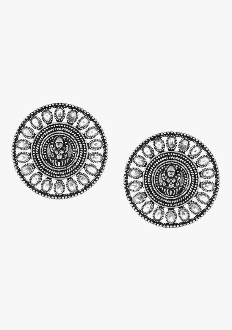 Silver-Plated Artificial Stones Studded Circular Temple Studs for Women | Traditional Temple Jewellery for Wedding & Festive Wear | Gift for Her - Indya