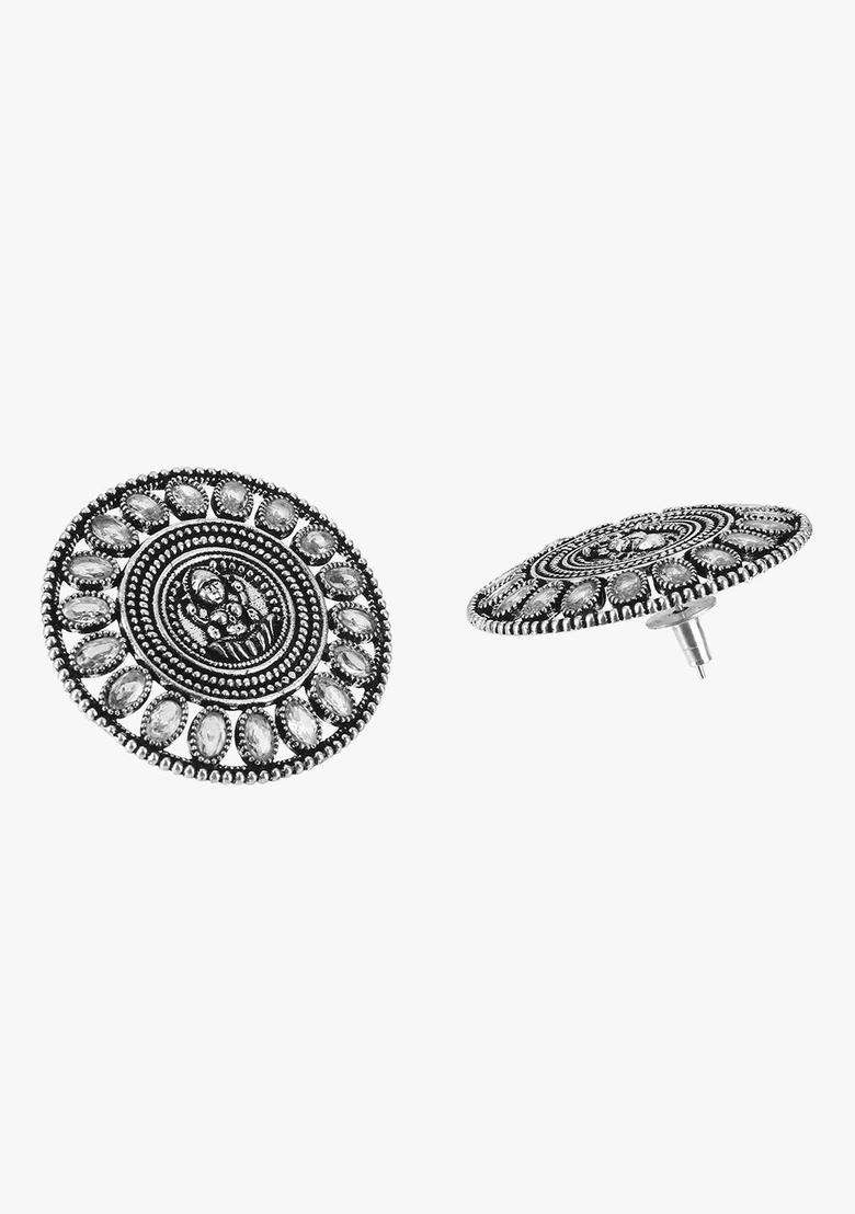 Silver-Plated Artificial Stones Studded Circular Temple Studs for Women | Traditional Temple Jewellery for Wedding & Festive Wear | Gift for Her - Indya