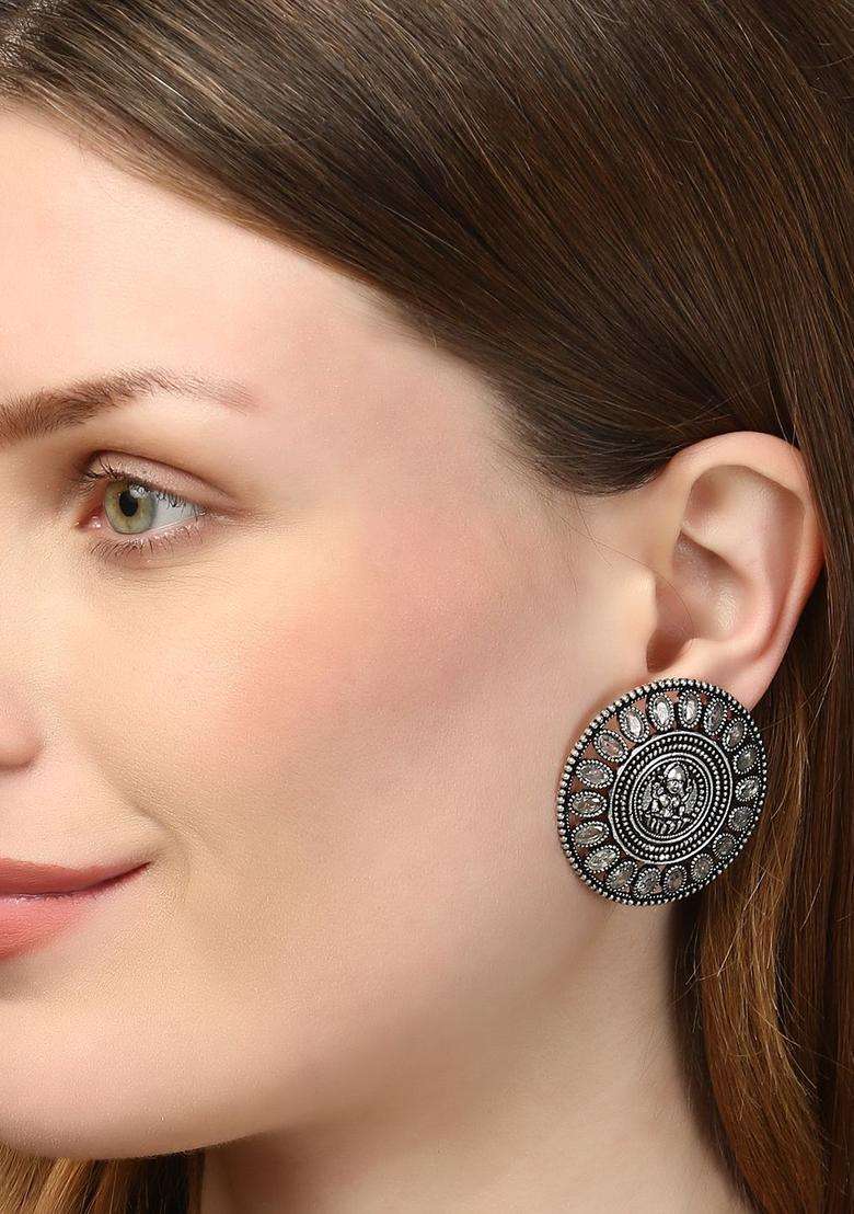 Silver-Plated Artificial Stones Studded Circular Temple Studs for Women | Traditional Temple Jewellery for Wedding & Festive Wear | Gift for Her - Indya