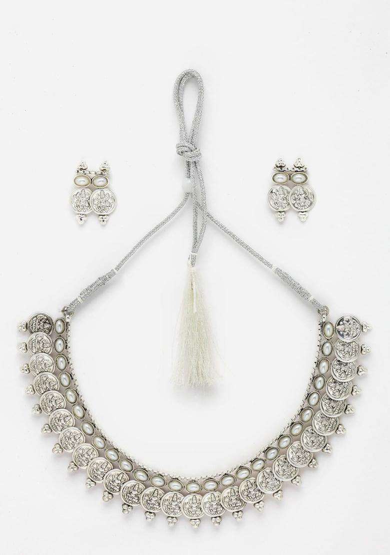 Oxidised Silver-Plated CZ & Pearl Studded Jewellery Set for Women | Traditional Temple Jewellery for Wedding & Festive Wear | Gift for Her - Indya