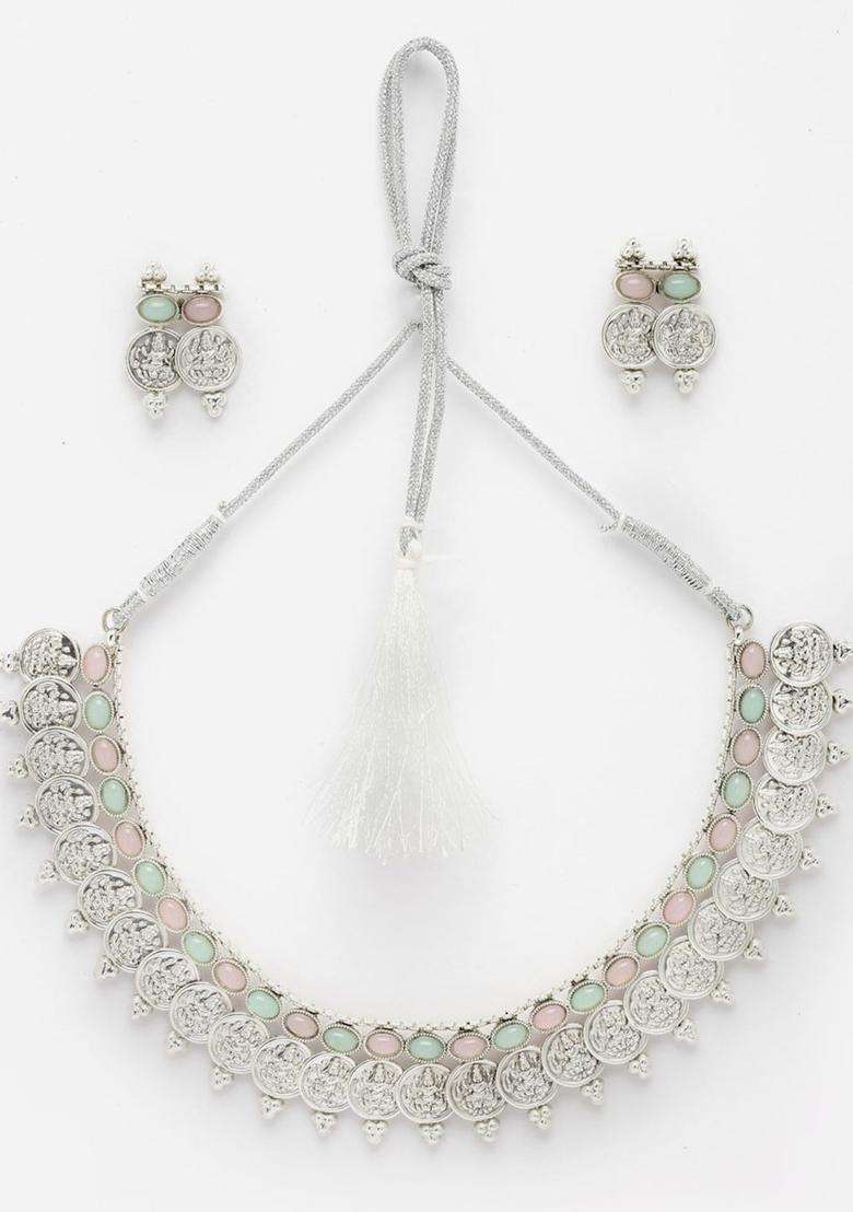 Silver-Plated Oxidised CZ Studded Lakshmi Coin Detail Jewellery Set for Women | Traditional Temple Jewellery for Wedding & Festive Wear | Gift for Her - Indya