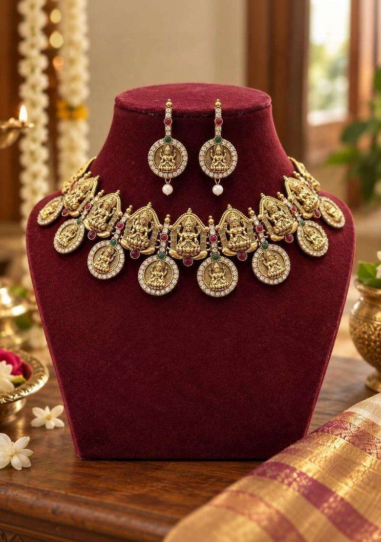 Gold-Plated Temple Stone Studded & Beaded Necklace and Earrings for Women | Traditional Temple Jewellery for Wedding & Festive Wear | Gift for Her - Indya