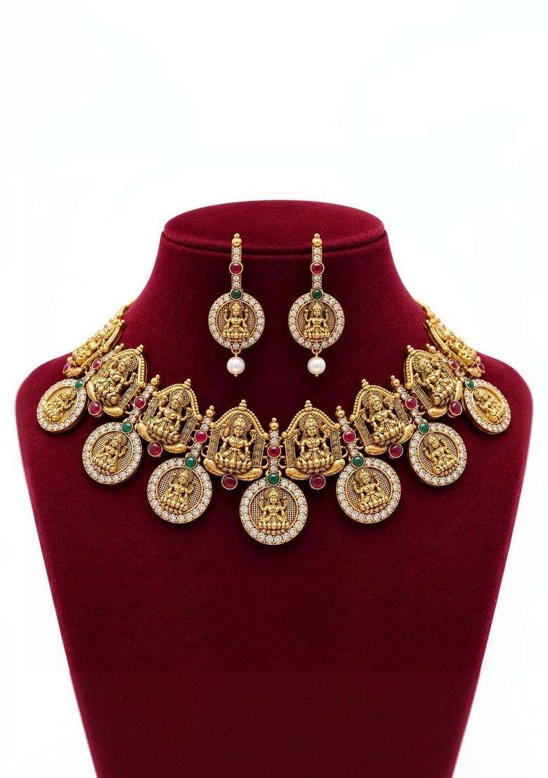 Gold-Plated Temple Stone Studded & Beaded Necklace and Earrings for Women | Traditional Temple Jewellery for Wedding & Festive Wear | Gift for Her - Indya