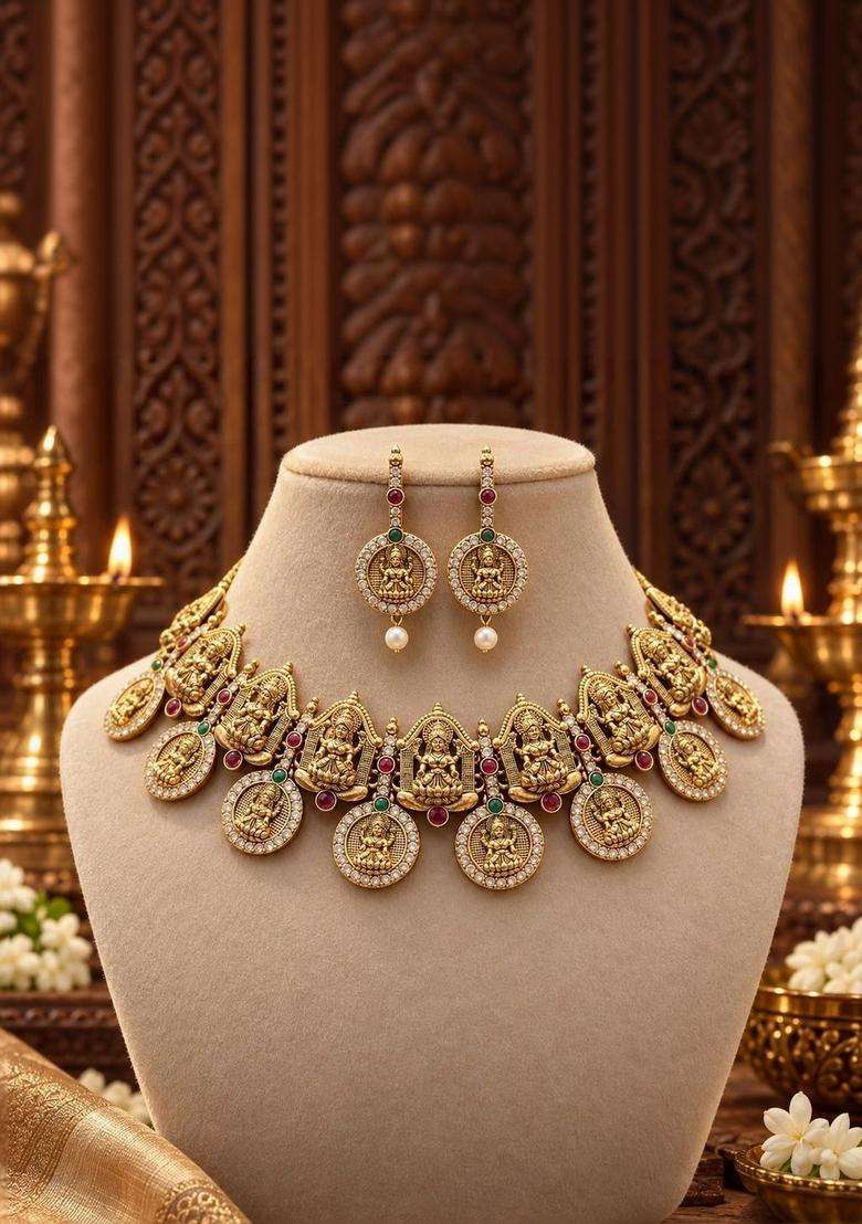 Gold-Plated Temple Stone Studded & Beaded Necklace and Earrings for Women | Traditional Temple Jewellery for Wedding & Festive Wear | Gift for Her - Indya