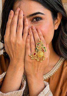 Gold-Plated Temple Stone Studded & Beaded Finger Ring for Women | Traditional Temple Jewellery for Wedding & Festive Wear | Gift for Her