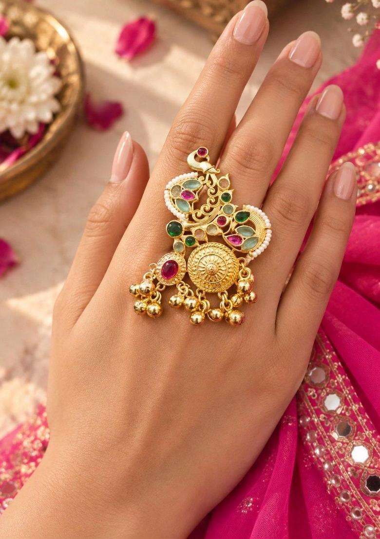 Gold-Plated Temple Stone Studded & Beaded Finger Ring for Women | Traditional Temple Jewellery for Wedding & Festive Wear | Gift for Her - Indya