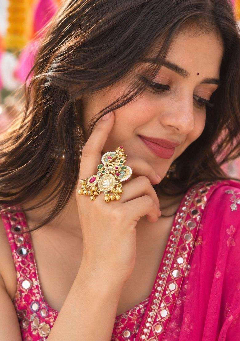 Gold-Plated Temple Stone Studded & Beaded Finger Ring for Women | Traditional Temple Jewellery for Wedding & Festive Wear | Gift for Her - Indya