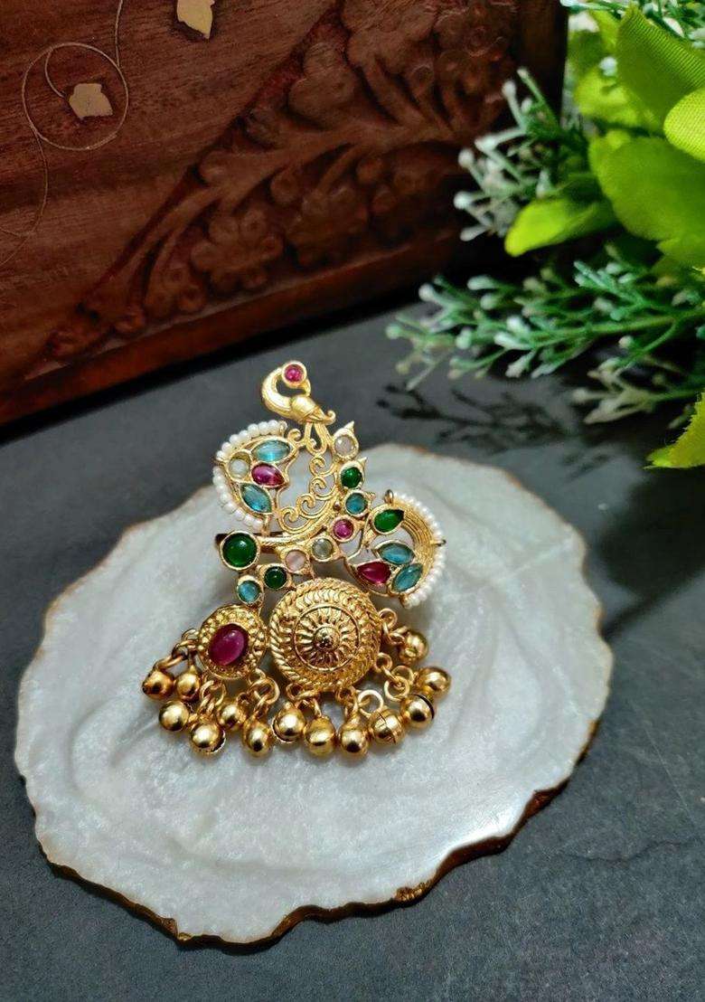 Gold-Plated Temple Stone Studded & Beaded Finger Ring for Women | Traditional Temple Jewellery for Wedding & Festive Wear | Gift for Her - Indya