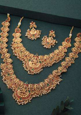 Combo of 2 Gold-Plated Red & Green Stone Studded Temple Jewelleey Set for Women | Traditional Temple Jewellery for Wedding & Festive Wear | Gift for Her