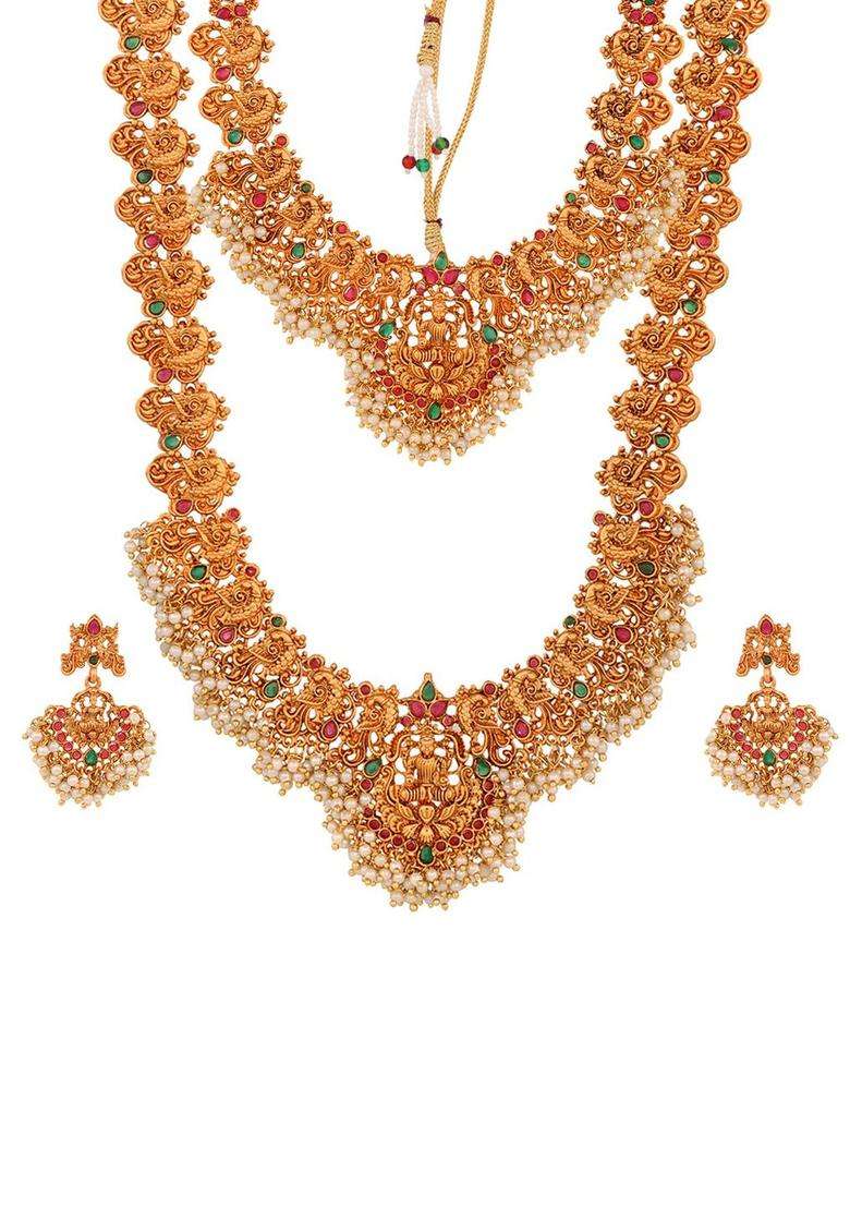 Combo of 2 Gold-Plated Red & Green Stone Studded Temple Jewelleey Set for Women | Traditional Temple Jewellery for Wedding & Festive Wear | Gift for Her - Indya
