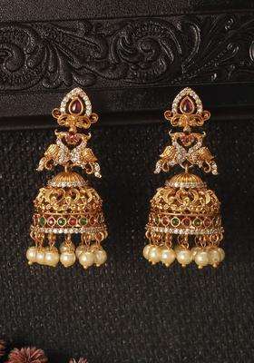 Gold-Plated American Diamonds Studded and Beaded Dome Shaped Jhumkas for Women | Traditional Temple Jewellery for Wedding & Festive Wear | Gift for Her