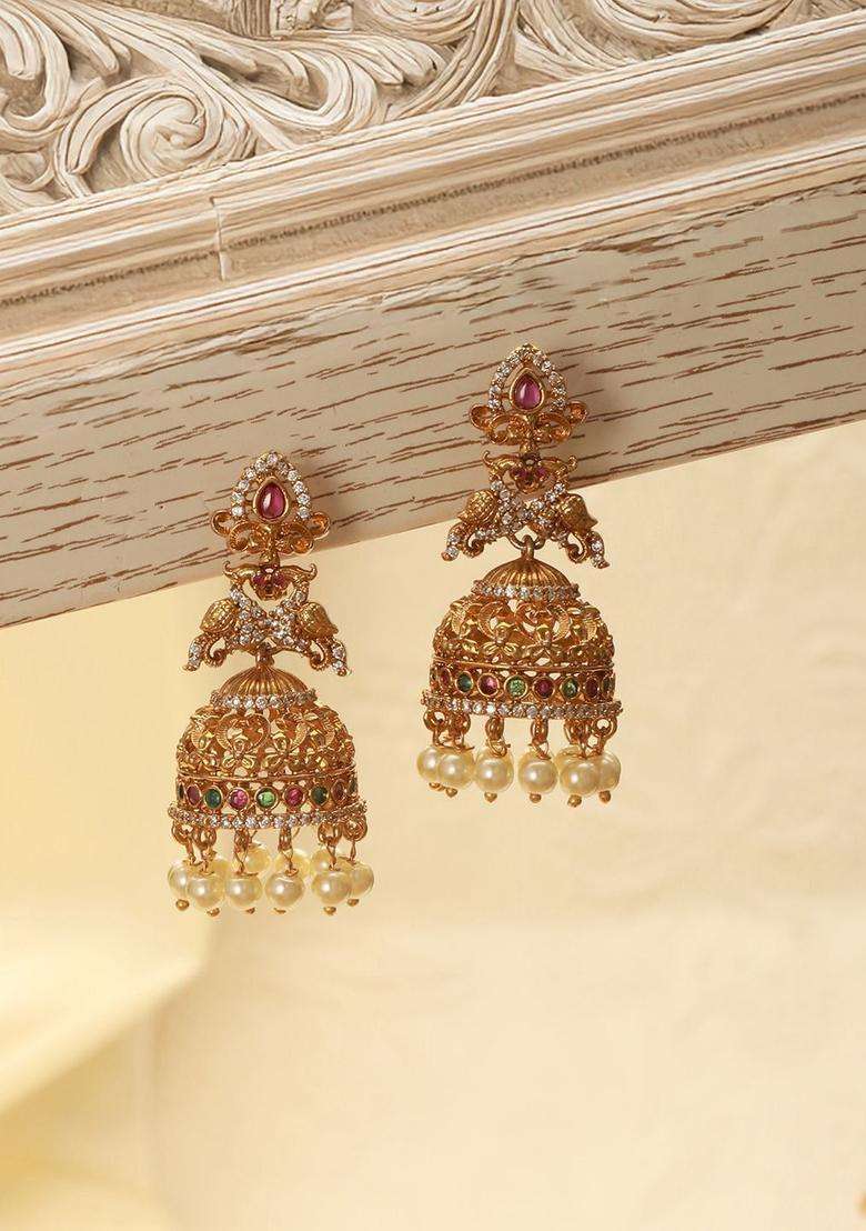 Gold-Plated American Diamonds Studded and Beaded Dome Shaped Jhumkas for Women | Traditional Temple Jewellery for Wedding & Festive Wear | Gift for Her - Indya