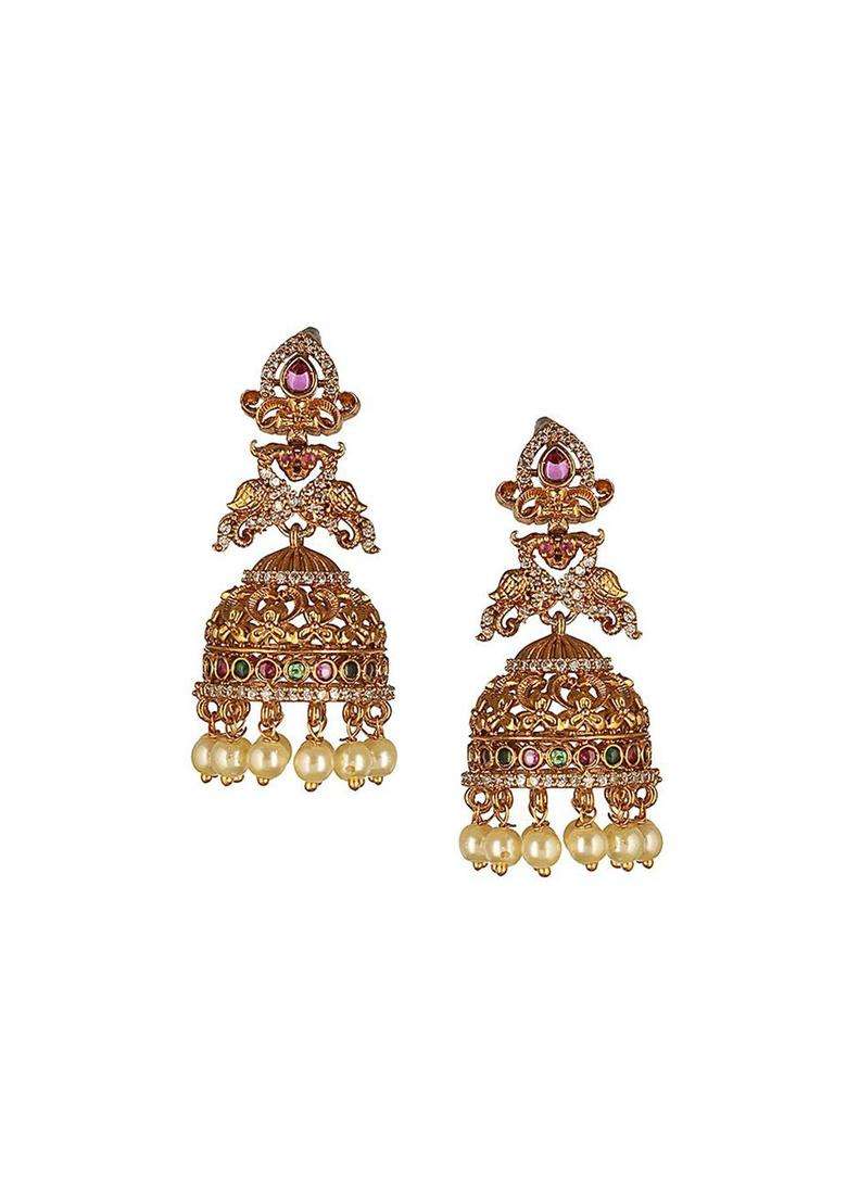 Gold-Plated American Diamonds Studded and Beaded Dome Shaped Jhumkas for Women | Traditional Temple Jewellery for Wedding & Festive Wear | Gift for Her - Indya