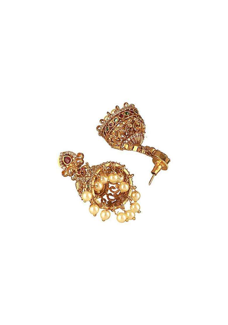 Gold-Plated American Diamonds Studded and Beaded Dome Shaped Jhumkas for Women | Traditional Temple Jewellery for Wedding & Festive Wear | Gift for Her - Indya