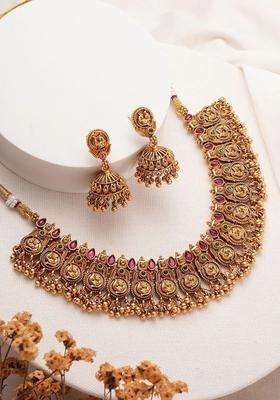 Gold-Plated Temple Stone-Studded Necklace and Earrings for Women | Traditional Temple Jewellery for Wedding & Festive Wear | Gift for Her