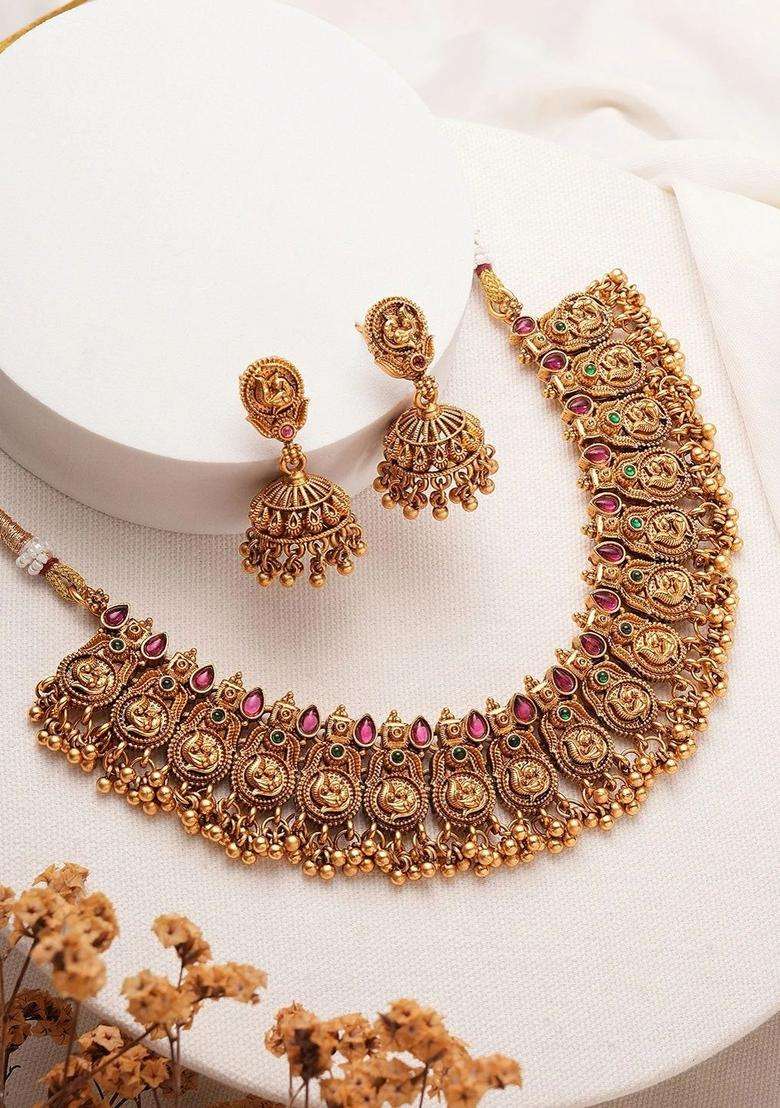Gold-Plated Temple Stone-Studded Necklace and Earrings for Women | Traditional Temple Jewellery for Wedding & Festive Wear | Gift for Her - Indya