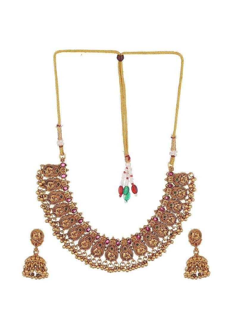 Gold-Plated Temple Stone-Studded Necklace and Earrings for Women | Traditional Temple Jewellery for Wedding & Festive Wear | Gift for Her - Indya