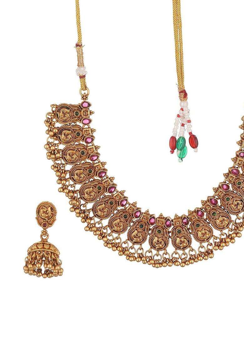 Gold-Plated Temple Stone-Studded Necklace and Earrings for Women | Traditional Temple Jewellery for Wedding & Festive Wear | Gift for Her - Indya