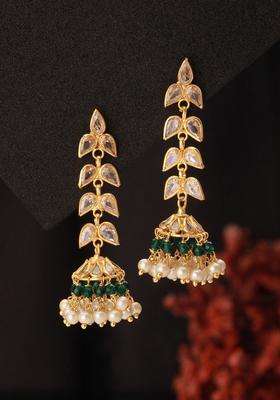 24K Gold-Plated Zircon Studded Pearl Beaded Jhumkas for Women | Traditional Temple Jewellery for Wedding & Festive Wear | Gift for Her