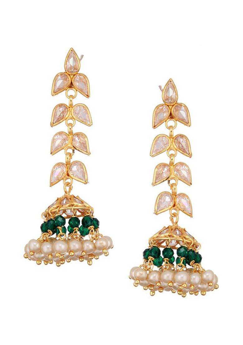 24K Gold-Plated Zircon Studded Pearl Beaded Jhumkas for Women | Traditional Temple Jewellery for Wedding & Festive Wear | Gift for Her - Indya