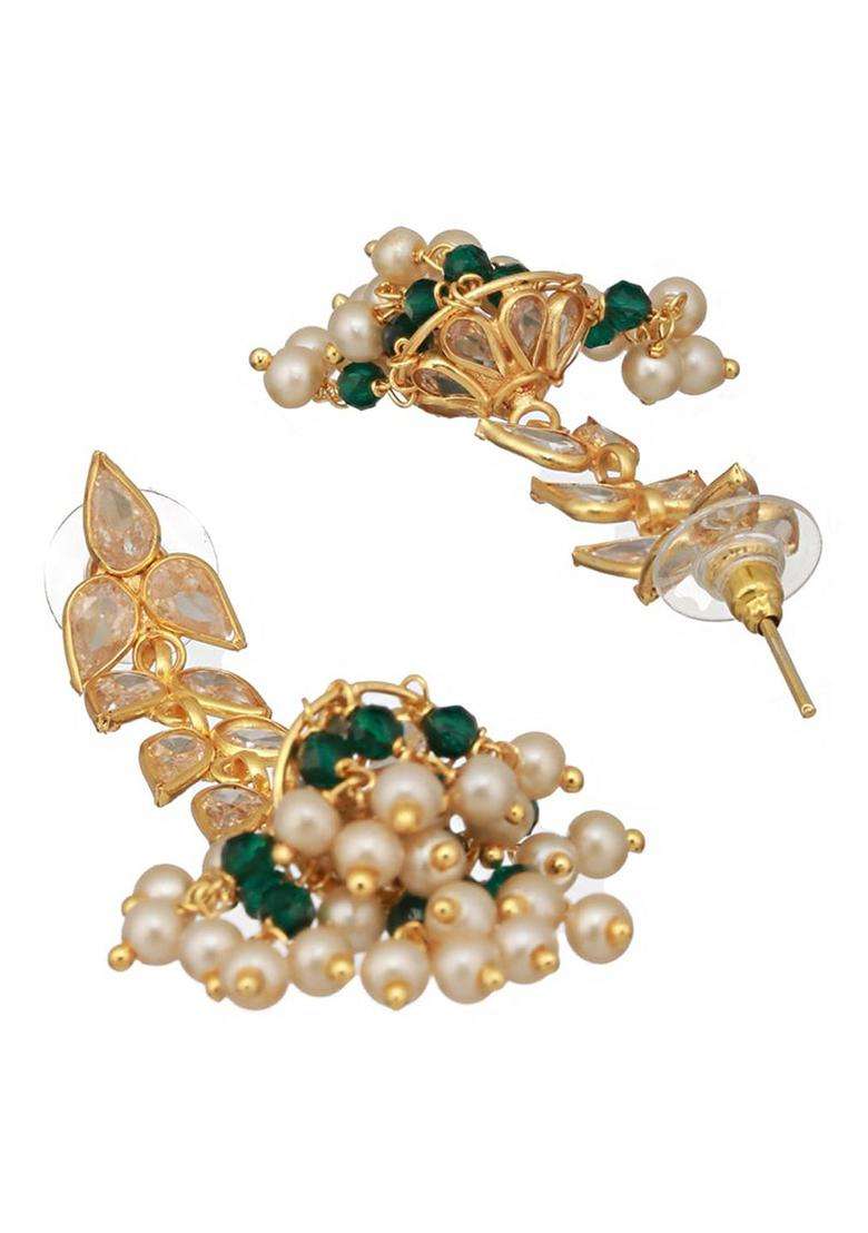 24K Gold-Plated Zircon Studded Pearl Beaded Jhumkas for Women | Traditional Temple Jewellery for Wedding & Festive Wear | Gift for Her - Indya