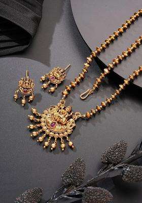 Gold-Plated Temple Stone-Studded Necklace and Earrings for Women | Traditional Temple Jewellery for Wedding & Festive Wear | Gift for Her