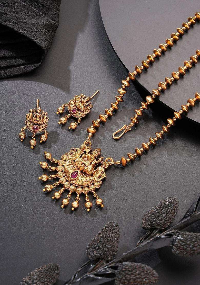 Gold-Plated Temple Stone-Studded Necklace and Earrings for Women | Traditional Temple Jewellery for Wedding & Festive Wear | Gift for Her - Indya