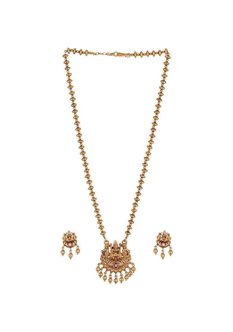 Gold-Plated Temple Stone-Studded Necklace and Earrings for Women | Traditional Temple Jewellery for Wedding & Festive Wear | Gift for Her - Indya