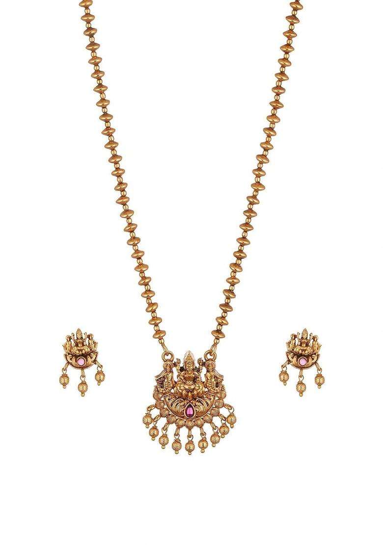 Gold-Plated Temple Stone-Studded Necklace and Earrings for Women | Traditional Temple Jewellery for Wedding & Festive Wear | Gift for Her - Indya