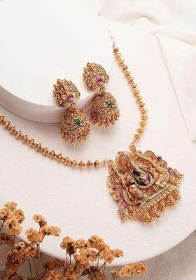 Gold-Plated Ganesha Temple Stone-Studded Necklace and Earrings for Women | Traditional Temple Jewellery for Wedding & Festive Wear | Gift for Her