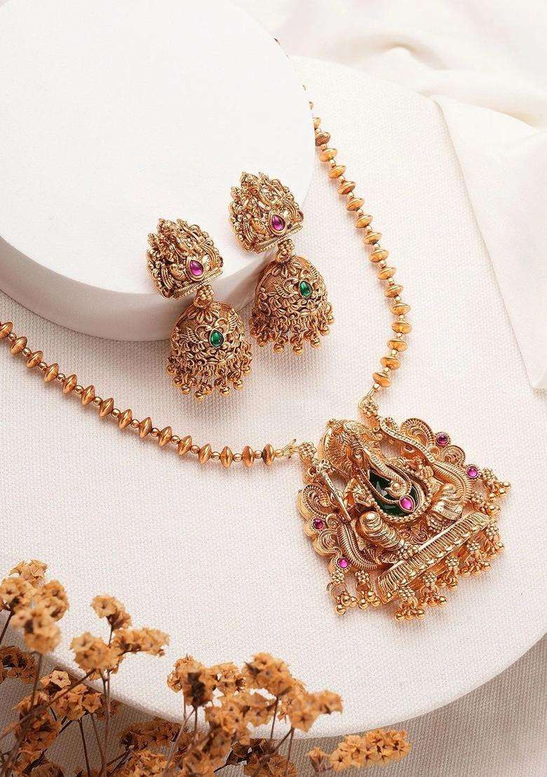 Gold-Plated Ganesha Temple Stone-Studded Necklace and Earrings for Women | Traditional Temple Jewellery for Wedding & Festive Wear | Gift for Her - Indya