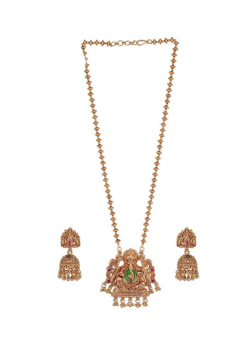 Gold-Plated Ganesha Temple Stone-Studded Necklace and Earrings for Women | Traditional Temple Jewellery for Wedding & Festive Wear | Gift for Her - Indya